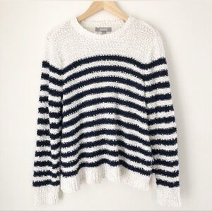 Women’s Marled Reunited striped sweater, navy and white, size medium, crewneck